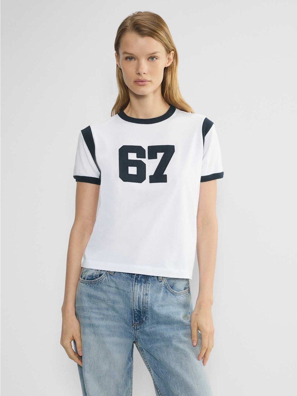 Aritzia TNA Soft Feels “67” White Navy Blue All-Time T-Shirt